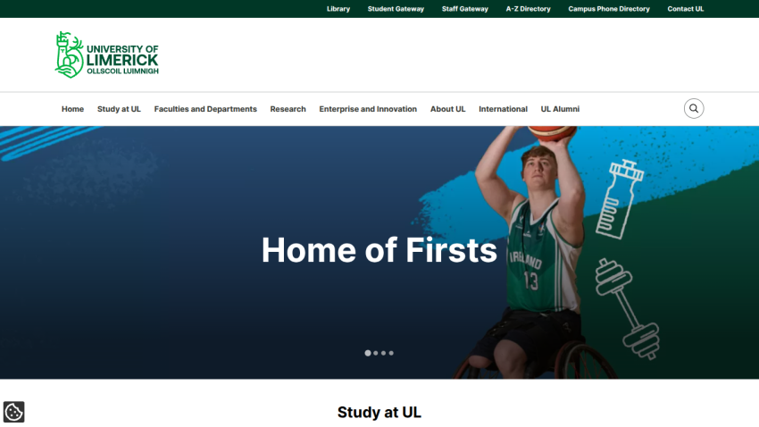 Homepage of University of Limerick featuring 'Home of Firsts' and a student playing basketball.
