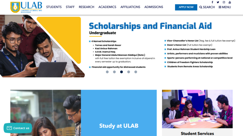 University of Liberal Arts Bangladesh scholarships and financial aid information with student images and navigation menu