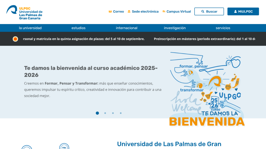 Welcome message for the academic year 2025-2026 from Universidad de Las Palmas de Gran Canaria.