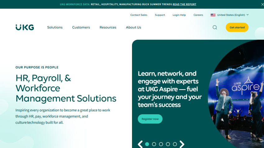 HR, Payroll, & Workforce Management Solutions by UKG with a call to action for engagement.