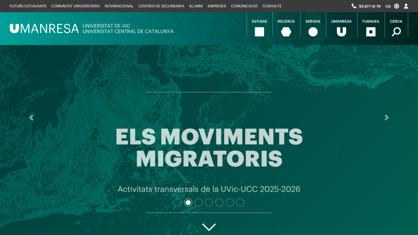 UMANRESA university site with navigation links and hero text about migratory movements activities for 2025-2026