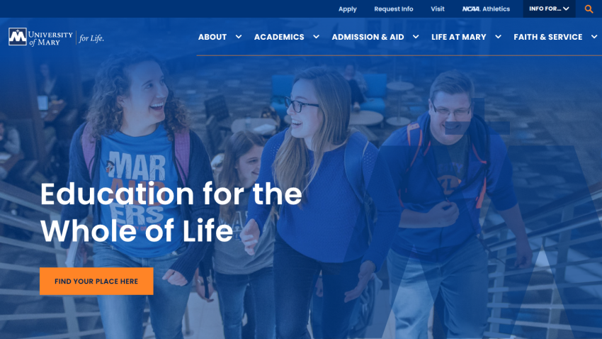 University homepage with navigation bar and hero section promoting education for the whole of life with a call to action button