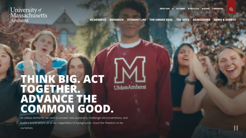 University of Massachusetts Amherst homepage featuring students and a motivational message.