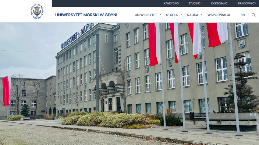 University building with flags and navigation menu including University, Studies, Science, Cooperation, Contact sections