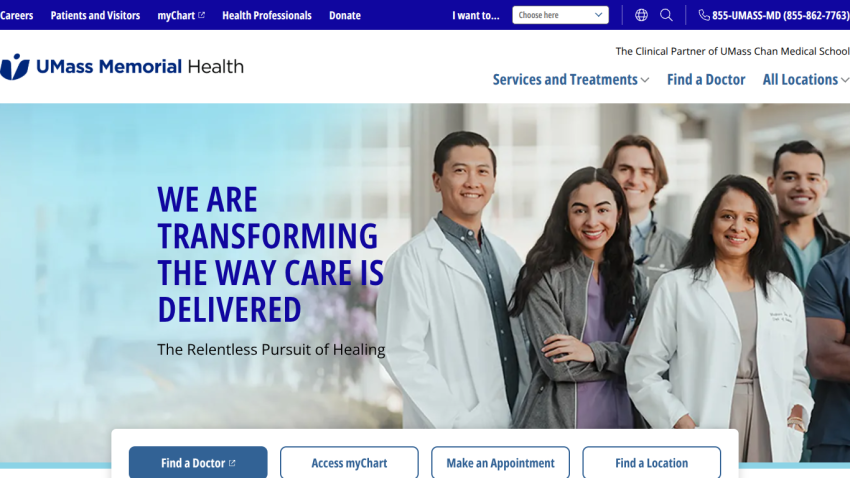 Homepage of UMass Memorial Health featuring a team of healthcare professionals and a call to action.