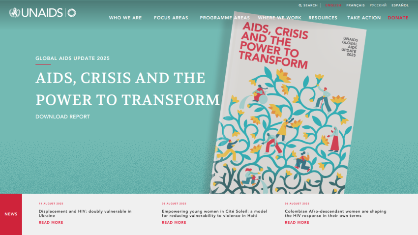 Homepage featuring report on AIDS, crisis, and transformation with download option.