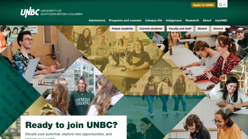 UNBC homepage featuring a call to action, images of students, and navigation links.