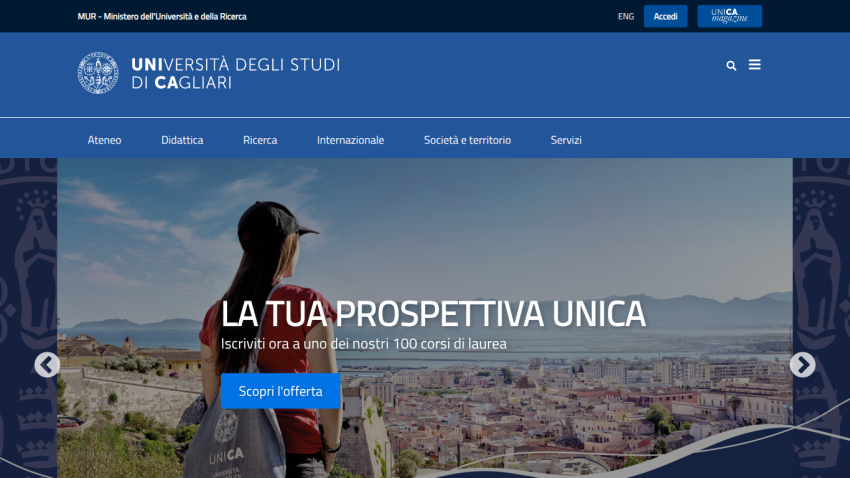 University of Cagliari homepage featuring a unique prospect and scenic background.