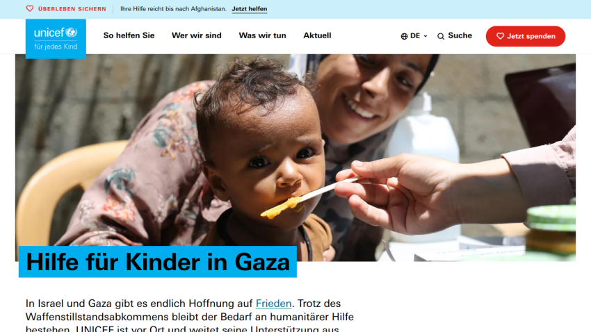 UNICEF website showing aid for children in Gaza with a child being fed and headline 'Hilfe für Kinder in Gaza'