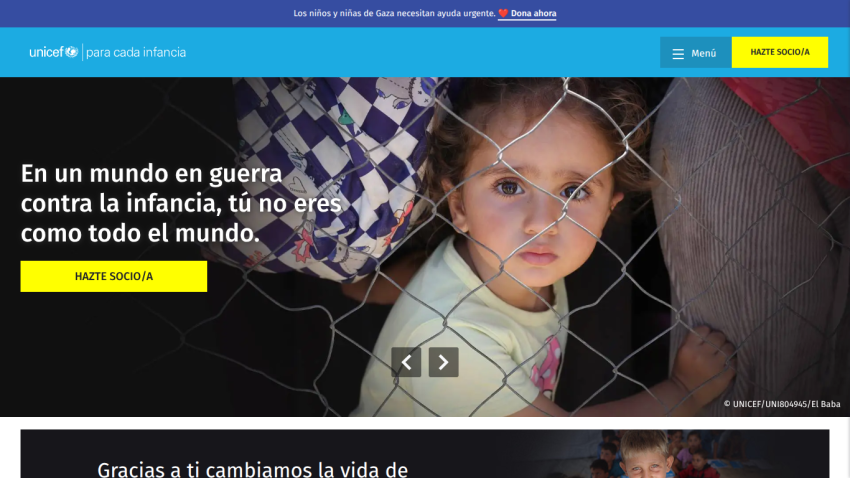 Homepage featuring a child behind a fence with a message about childhood in war.