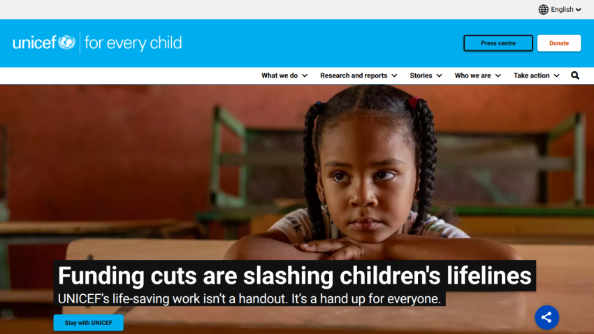 UNICEF's message on funding cuts affecting children's lifelines with a child's image.