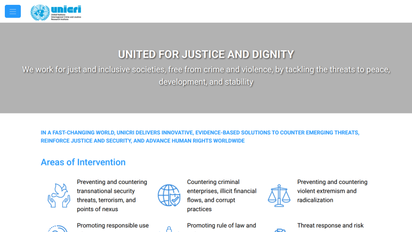 UNICRI homepage highlighting justice and dignity mission, areas of intervention including security threats, criminal enterprises, and violent extremism