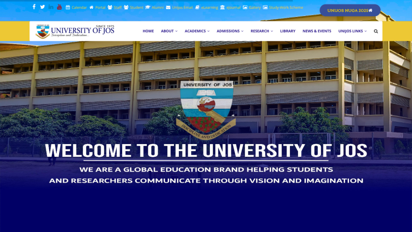 University of Jos homepage with a large building image and welcome message about global education brand