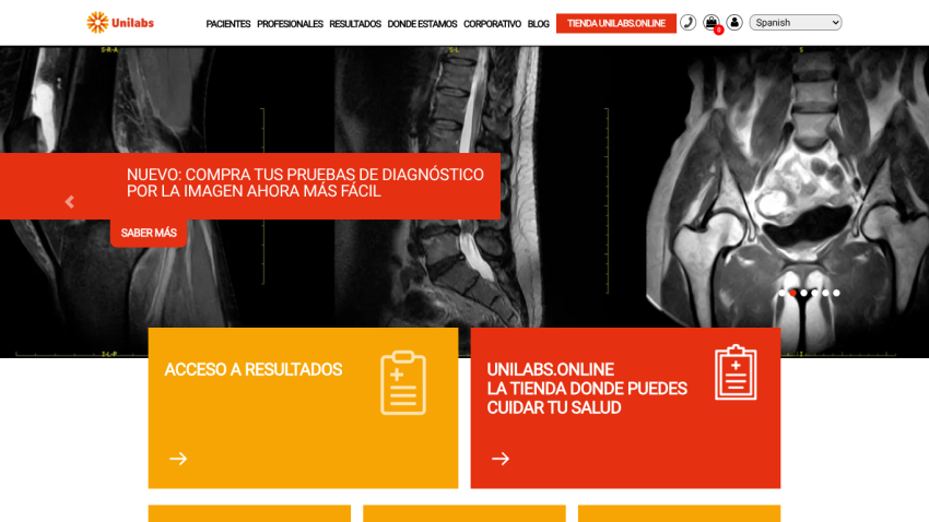 Medical diagnostic imaging website with navigation, promotional banner, and access to results and online health store sections.