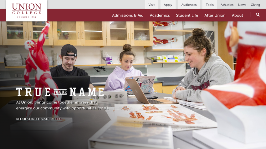 Union College homepage featuring students engaged in a lab setting with the text 'TRUE TO YOUR NAME'.