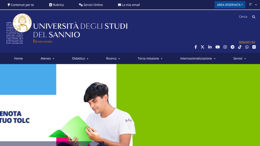University of Sannio website with navigation menu and a young man reading a book on a green background