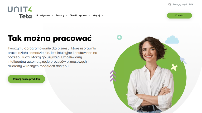 Business software improving work efficiency with automation and intuitive design, featuring a smiling woman and product button
