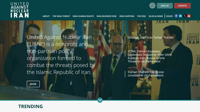 United Against Nuclear Iran nonprofit mission statement with recent news headlines and navigation menu.