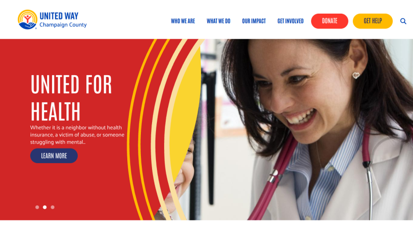 Homepage with navigation bar, large hero image featuring a woman and a dog, and headline about pet care