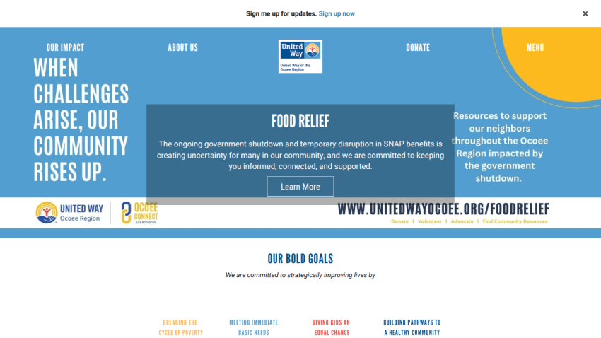 Homepage header with logo, navigation menu, and hero section featuring a promotional banner and call-to-action button
