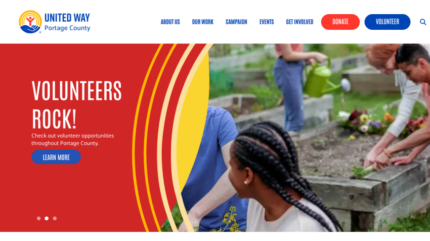 Homepage header with logo, navigation menu, and hero section featuring a mountain landscape and headline text