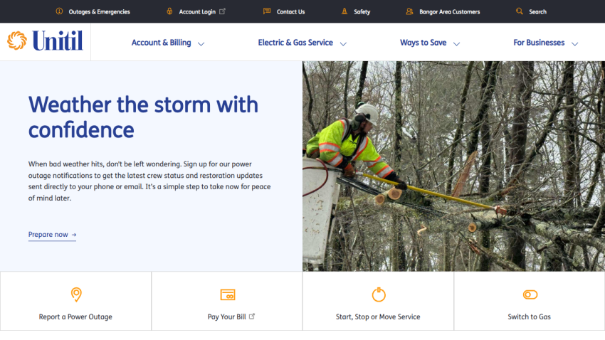 Utility company homepage offering power outage notifications and service options with a worker clearing tree branches