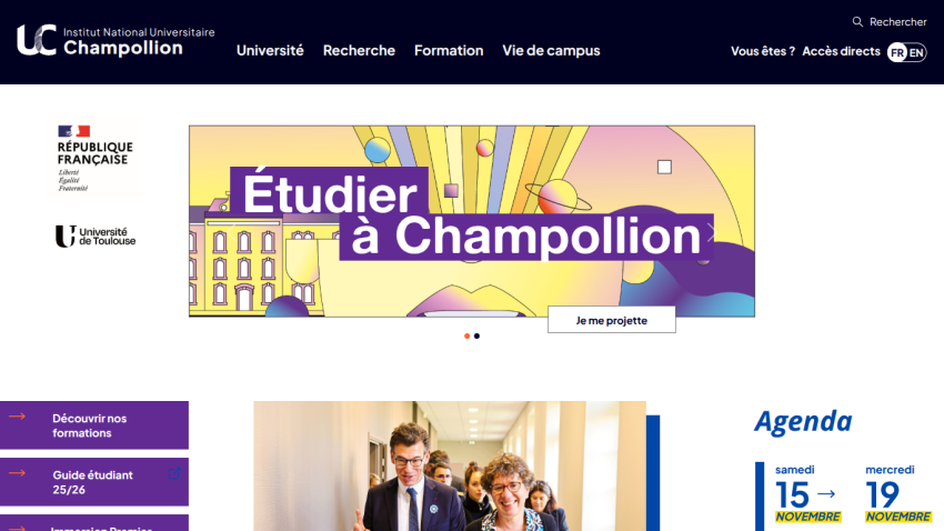 Institut National Universitaire Champollion homepage with navigation menu, hero banner 'Étudier à Champollion', and agenda section