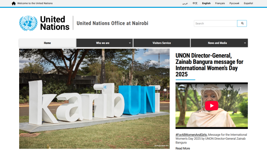 United Nations Office at Nairobi homepage with navigation, a large 'karibUNi' sign image, and a message for International Women's Day 2025 by UNON Director-General