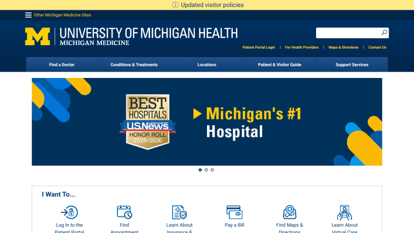 University of Michigan Health homepage featuring 'Michigan's #1 Hospital' and navigation options.