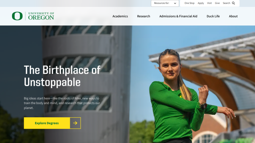 University of Oregon homepage featuring a student and the tagline 'The Birthplace of Unstoppable'.