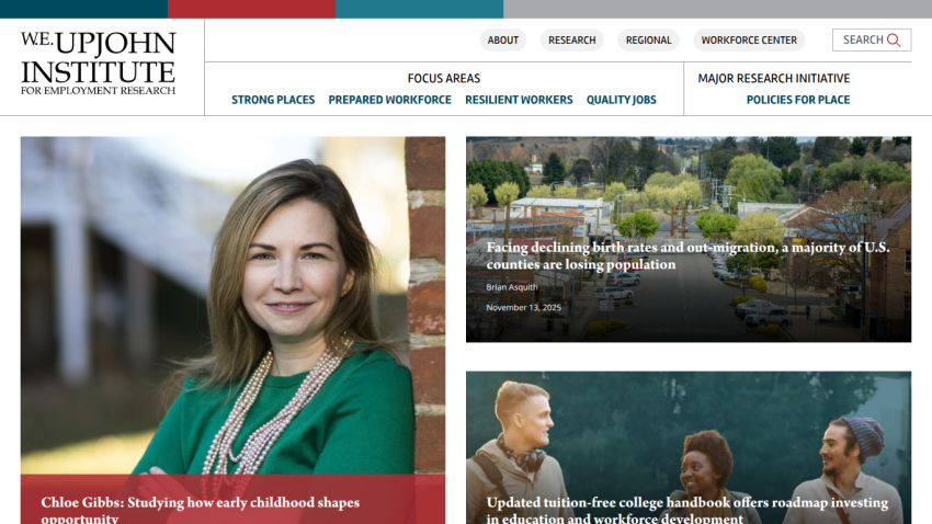 W.E. Upjohn Institute homepage with research focus areas and articles on population decline and tuition-free college handbook.