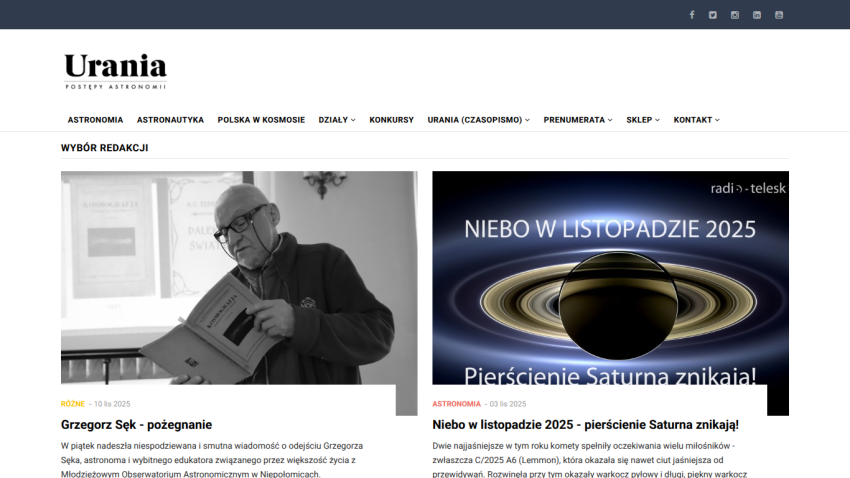 Astronomy website Urania with editorial picks including an article on Grzegorz Sęk and Saturn's rings disappearing in November 2025