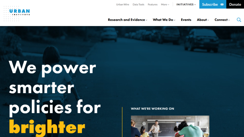 Homepage of Urban Institute featuring a tagline about smarter policies.