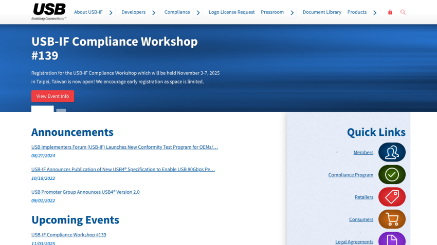 USB-IF Compliance Workshop page with announcements and quick links displayed.