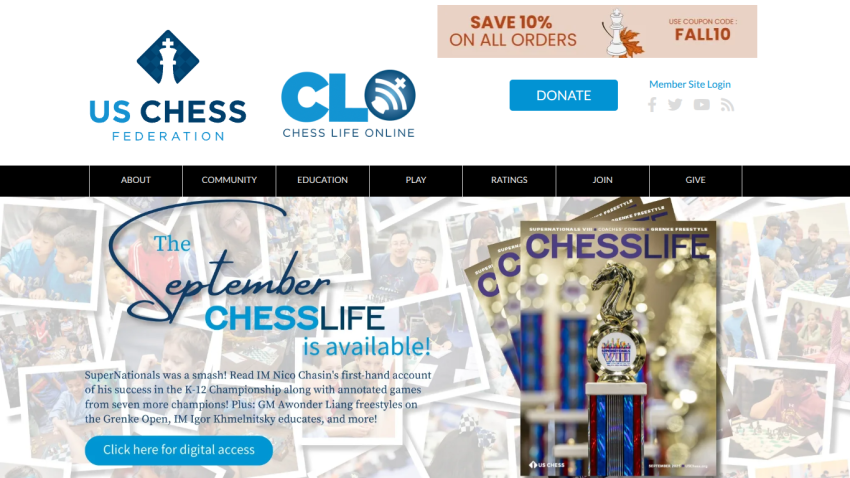 US Chess Federation homepage featuring September Chess Life announcement and donation button.