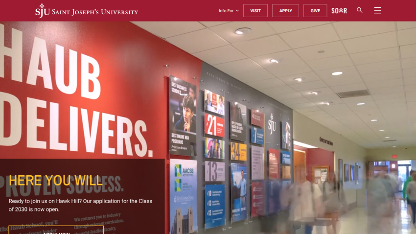 Saint Joseph's University homepage with campus aerial view and application info for Class of 2030.