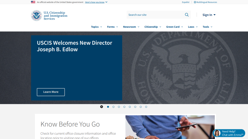 USCIS homepage featuring welcome message for new director and navigation options.