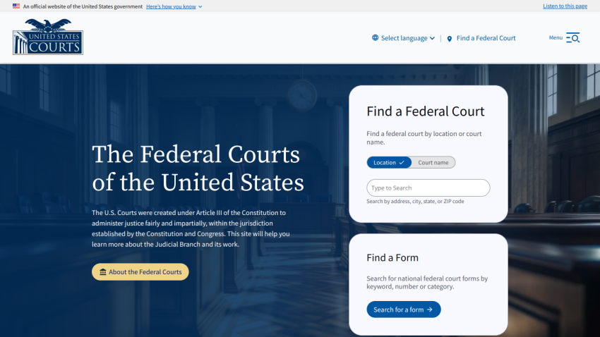 Homepage of the Federal Courts of the United States with search options for courts and forms.