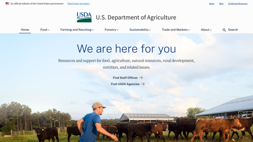 USDA homepage featuring support resources for food, nutrition, and agriculture.