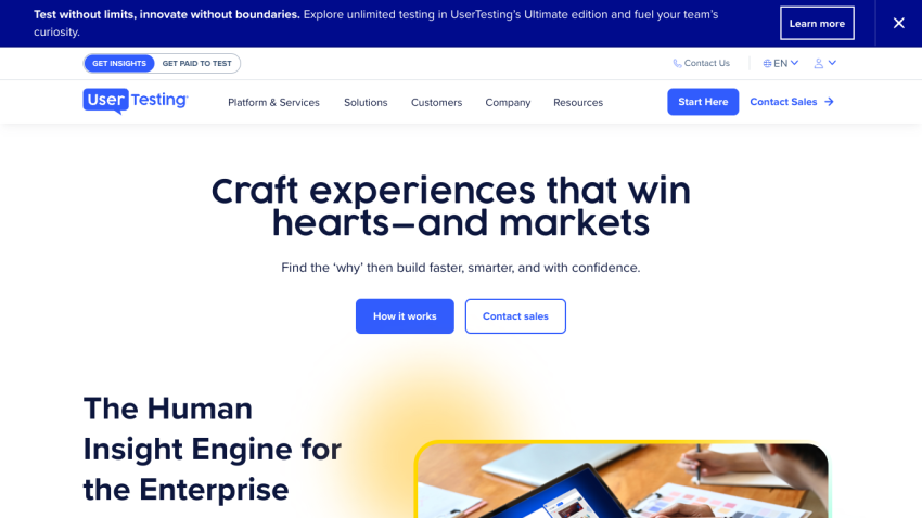 Homepage featuring a tagline about crafting experiences and a call-to-action button.