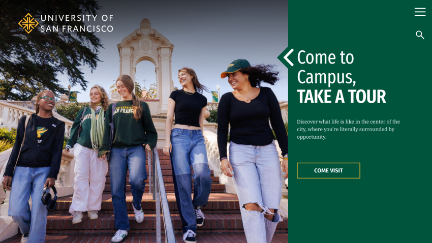 Students walking down stairs at the University of San Francisco with a tour invitation.