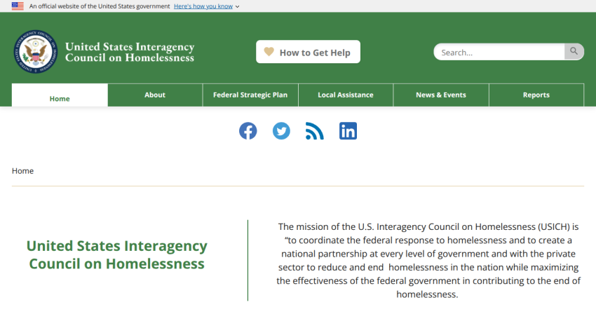 Homepage of the U.S. Interagency Council on Homelessness with mission statement.