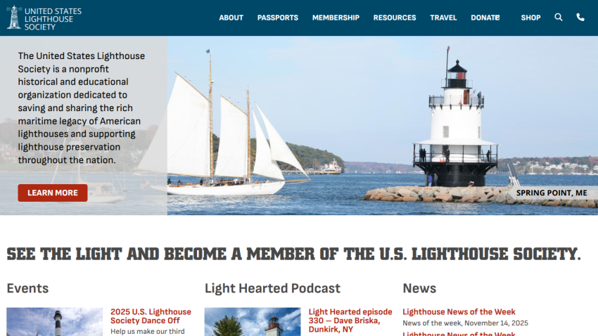 United States Lighthouse Society homepage with navigation, mission statement, sailboat and lighthouse image, and membership call to action.