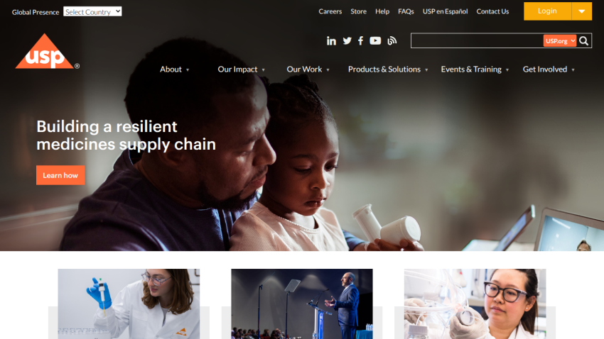 Homepage of USP featuring a father and daughter with a message about resilient medicines supply chain.