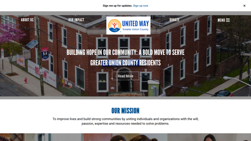 Homepage featuring a navigation bar with logo and menu, a large hero image with headline and call-to-action button