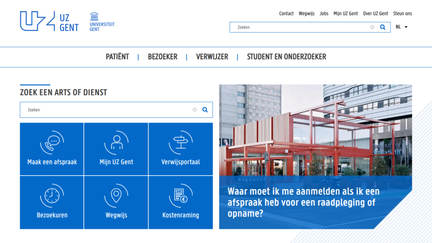 Homepage of UZ Gent with search bar and service options displayed.