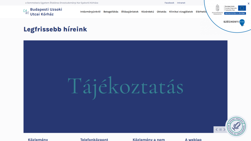 Budapesti Uzsoki Utcai Kórház website showing latest news section with headline Tájékoztatás and navigation menu