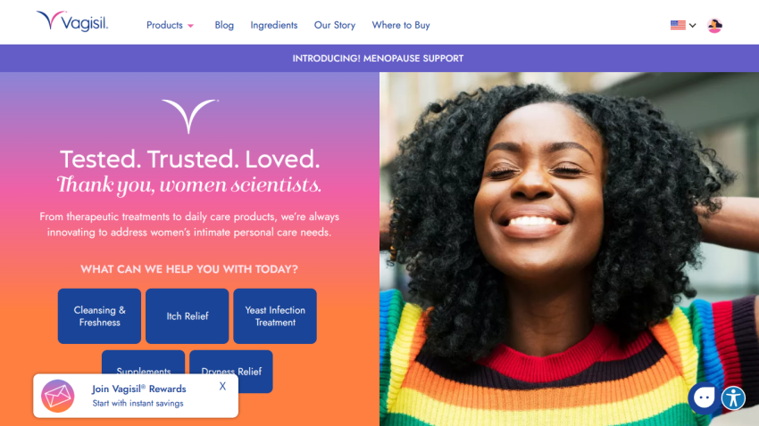 Homepage featuring a smiling woman with text about women's health products.