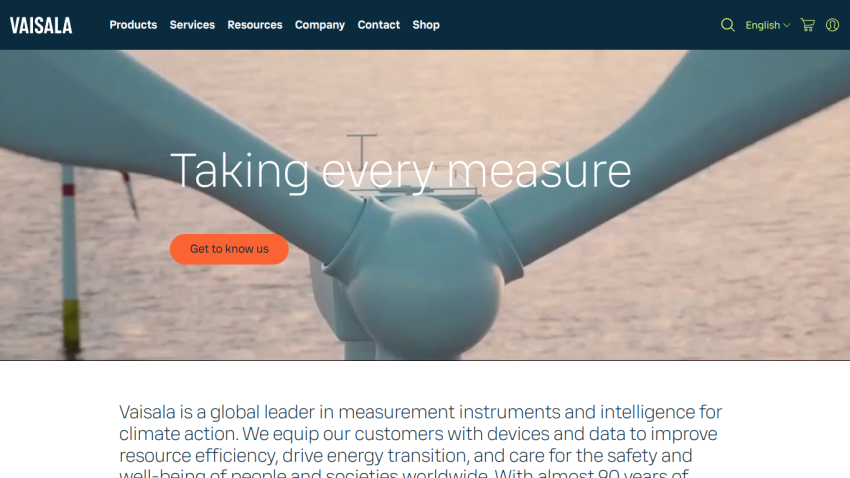 Homepage of Vaisala featuring a wind turbine and the text 'Taking every measure'.