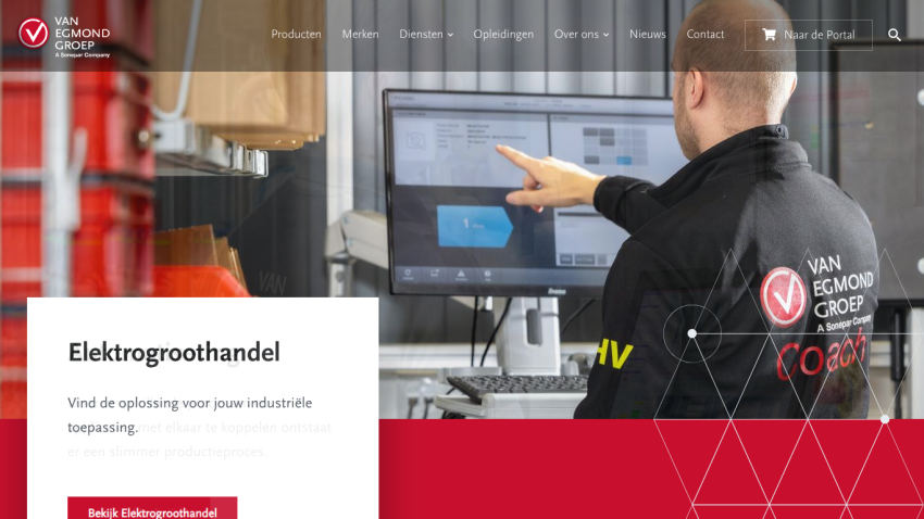 Homepage of Van Egmond Groep with navigation menu and industrial electrical wholesale service promotion